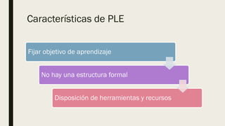 Características de PLE
Fijar objetivo de aprendizaje
No hay una estructura formal
Disposición de herramientas y recursos
 