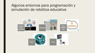 Algunos entornos para programación y
simulación de robótica educativa
EV3DEV
Python
Simulator
Miranda
Open
Roberta
Lab
Arduino
robot
LEGO
 