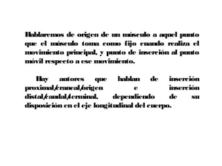 Hablaremos de origen de un músculo a aquel punto
que el músculo toma como fijo cuando realiza el
movimiento principal, y punto de inserción al punto
móvil respecto a ese movimiento.
Hay autores que hablan de inserción
proximal/craneal/origen e inserción
distal/caudal/terminal, dependiendo de su
disposición en el eje longitudinal del cuerpo.
 
