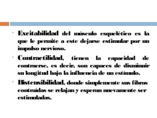• Excitabilidad del músculo esquelético es la
que le permite a este dejarse estimular por un
impulso nervioso.
• Contractilidad, tienen la capacidad de
contraerse, es decir, son capaces de disminuir
su longitud bajo la influencia de un estímulo.
• Distensibilidad, donde simplemente sus fibras
contraídas se relajan y esperan nuevamente ser
estimuladas.
 
