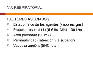 VIA RESPIRATORIA. FACTORES ASOCIADOS. Estado físico de los agentes (vapores, gas) Proceso respiratorio (5-6 lts. Min) – 30 L/m Area pulmonar (90 m2) Permeabilidad (retención vía superior) Vascularización. (SNC, etc.) 