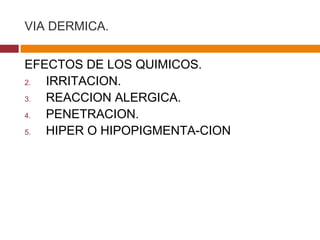 VIA DERMICA. EFECTOS DE LOS QUIMICOS. IRRITACION. REACCION ALERGICA. PENETRACION. HIPER O HIPOPIGMENTA-CION 