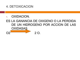 4. DETOXICACION OXIDACION. ES LA GANANCIA DE OXIGENO O LA PERDIDA DE UN HIDROGENO POR ACCION DE LAS OXIDASAS O2  2 O. 