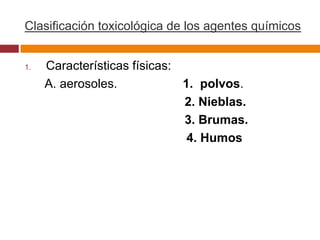 Clasificación toxicológica de los agentes químicos


1.   Características físicas:
     A. aerosoles.            1. polvos.
                              2. Nieblas.
                              3. Brumas.
                               4. Humos
 