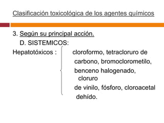 Clasificación toxicológica de los agentes químicos


3. Según su principal acción.
   D. SISTEMICOS:
Hepatotóxicos :      cloroformo, tetracloruro de
                      carbono, bromoclorometilo,
                      benceno halogenado,
                        cloruro
                      de vinilo, fósforo, cloroacetal
                       dehído.
 