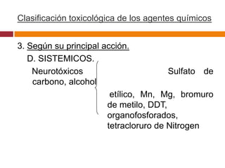 Clasificación toxicológica de los agentes químicos


3. Según su principal acción.
   D. SISTEMICOS.
    Neurotóxicos                       Sulfato de
    carbono, alcohol
                        etílico, Mn, Mg, bromuro
                       de metilo, DDT,
                       organofosforados,
                       tetracloruro de Nitrogen
 