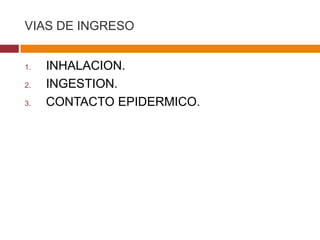VIAS DE INGRESO


1.   INHALACION.
2.   INGESTION.
3.   CONTACTO EPIDERMICO.
 