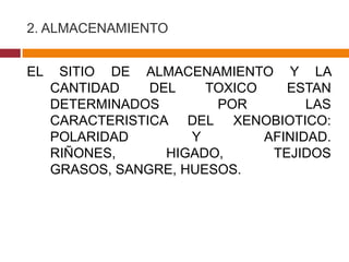 2. ALMACENAMIENTO


EL    SITIO DE ALMACENAMIENTO Y LA
     CANTIDAD    DEL    TOXICO    ESTAN
     DETERMINADOS        POR         LAS
     CARACTERISTICA DEL XENOBIOTICO:
     POLARIDAD        Y        AFINIDAD.
     RIÑONES,      HIGADO,      TEJIDOS
     GRASOS, SANGRE, HUESOS.
 