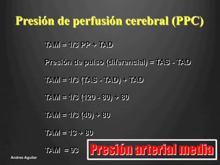 Presión de perfusión cerebral (PPC)
TAM = 1/3 PP + TAD
Presión de pulso (diferencial) = TAS - TAD
TAM = 1/3 (TAS - TAD) + TAD
TAM = 1/3 (120 - 80) + 80
TAM = 1/3 (40) + 80
TAM = 13 + 80
TAM = 93 Presión arterial mediaAndres Aguilar
 