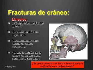 Fracturas de cráneo:
Andres Aguilar
Lineales:
¿Se puede detectar una fractura linear durante la
evaluación en el prehospitalario?
 