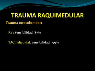 TRAUMA RAQUIMEDULAR 
Trauma toracolumbar: 
Rx : Sensibilidad 87% 
TAC helicoidal: Sensibilidad 99% 
 