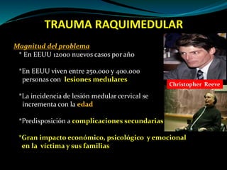 TRAUMA RAQUIMEDULAR 
Magnitud del problema 
* En EEUU 12000 nuevos casos por año 
*En EEUU viven entre 250.000 y 400.000 
personas con lesiones medulares 
*La incidencia de lesión medular cervical se 
incrementa con la edad 
*Predisposición a complicaciones secundarias 
Christopher Reeve 
*Gran impacto económico, psicológico y emocional 
en la víctima y sus familias 
 