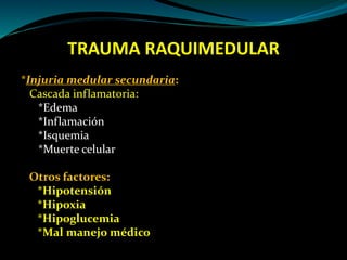 TRAUMA RAQUIMEDULAR 
*Injuria medular secundaria: 
Cascada inflamatoria: 
*Edema 
*Inflamación 
*Isquemia 
*Muerte celular 
Otros factores: 
*Hipotensión 
*Hipoxia 
*Hipoglucemia 
*Mal manejo médico 
 