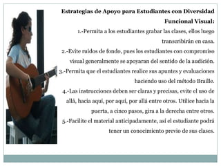 Estrategias de Apoyo para Estudiantes con Diversidad
                                              Funcional Visual:
       1.-Permita a los estudiantes grabar las clases, ellos luego
                                             transcribirán en casa.
 2.-Evite ruidos de fondo, pues los estudiantes con compromiso
    visual generalmente se apoyaran del sentido de la audición.
3.-Permita que el estudiantes realice sus apuntes y evaluaciones
                                 haciendo uso del método Braille.
 4.-Las instrucciones deben ser claras y precisas, evite el uso de
   allá, hacia aquí, por aquí, por allá entre otros. Utilice hacia la
              puerta, a cinco pasos, gira a la derecha entre otros.
 5.-Facilite el material anticipadamente, así el estudiante podrá
                     tener un conocimiento previo de sus clases.
 