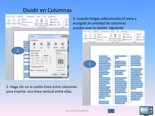 Dividir en Columnas
                                             1- cuando tengas seleccionado el texto y
                                             escogido la cantidad de columnas
                                             puedes usar la opción siguiente.




       2


                                                             1




2- Haga clic en la casilla línea entre columnas
para insertar una línea vertical entre ellas.



                                       Ing. Danilo Castillo M.                          16
 