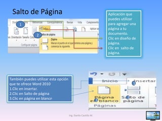 Salto de Página                                                    Aplicación que
                                                                    puedes utilizar
     1                                                              para agregar una
                                                                    página a tu
                2                                                   documento.
                                                                    Clic en diseño de
                                                                    página.
                                                                    Clic en salto de
                                                                    página.




También puedes utilizar esta opción
que te ofrece Word 2010                                                            1
1.Clic en insertar.
2.Clic en Salto de página
3.Clic en página en blanco                                                     2
                                                                3


                                      Ing. Danilo Castillo M.                           32
 