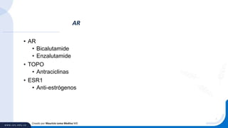 • AR
• Bicalutamide
• Enzalutamide
• TOPO
• Antraciclinas
• ESR1
• Anti-estrógenos
AR
Creado por Mauricio Lema Medina MD
 