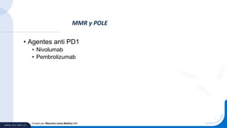 • Agentes anti PD1
• Nivolumab
• Pembrolizumab
MMR y POLE
Creado por Mauricio Lema Medina MD
 