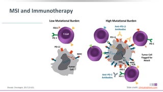 MSI and Immunotherapy
Slide credit: clinicaloptions.comSharabi. Oncologist. 2017;22:631.
MHC
PD-L1
PD-1
FAS-L
T-Cell
Tumor
Cell
Low Mutational Burden High Mutational Burden
PD-1
FAS-L
PD-L1
Anti–PD-L1
Antibodies
Tumor Cell
Flagged for
Attack
FAS MHC
TCR
PD-1
Anti–PD-1
Antibodies
 