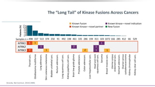 The “Long Tail” of Kinase Fusions Across Cancers
Stransky. Nat Commun. 2014;5:4846.
Known fusion
Known kinase—novel partner
Known kinase—novel indication
New fusion
12
10
8
6
4
2
0
Patients(%)
Samples n = 498 157 513 374 250 91 492 198 461 335 286 194 411 103 1072 166 285 412 66 529
NTRK1
NTRK2
NTRK3
5
7
1
1
1
2
2
1
1
1 1
Thyroidcarc.
Glioblastomamultiforme
Lungadenocarc.
Skincutaneousmelanoma
Bladderurothelialcarc.
Rectumadenocarc.
Lungsquamouscellcarc.
Kidneypapillarycellcarc.
Brainlow-gradeglioma
Prostateadenocarc.
Colonadenocarc.
Liverhepatocellularcarc.
Headandneck
squamouscellcarc.
Sarcoma
Breastinvasivecarc.
Uterinecorpus
endometrialcarc.
Stomachadenocarc.
Ovarianserous
cystadenocarcinoma
Kidneyclearcellcarc.
Kidneychromophobe
 
