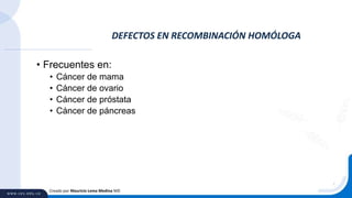 • Frecuentes en:
• Cáncer de mama
• Cáncer de ovario
• Cáncer de próstata
• Cáncer de páncreas
DEFECTOS EN RECOMBINACIÓN HOMÓLOGA
Creado por Mauricio Lema Medina MD
 