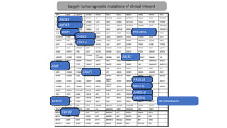 BRCA1
HR-related genes
BRCA2
ATM
BARD1
BRIP1
CDK12
CHEK1
CHEK2
FANCL
PALB2
PPP2R2A
RAD51B
RAD51C
RAD51D
RAD54L
Largely tumor agnostic mutations of clinical interest
 