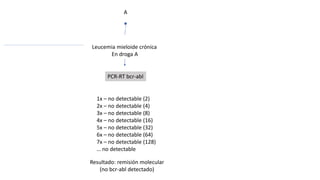 A
Leucemia mieloide crónica
En droga A
PCR-RT bcr-abl
1x – no detectable (2)
2x – no detectable (4)
3x – no detectable (8)
4x – no detectable (16)
5x – no detectable (32)
6x – no detectable (64)
7x – no detectable (128)
… no detectable
Resultado: remisión molecular
(no bcr-abl detectado)
 