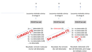 A
Leucemia mieloide crónica
En droga A
PCR-RT bcr-abl
1x – no detectable (2)
2x – no detectable (4)
3x – no detectable (8)
4x – no detectable (16)
5x – no detectable (32)
6x – no detectable (64)
7x – no detectable (128)
… no detectable
Resultado: remisión molecular
(no bcr-abl detectado)
B
Leucemia mieloide crónica
En droga A
PCR-RT bcr-abl
1x – detectado (2)
Resultado: No remisión
(bcr-abl detectado)
C
Leucemia mieloide crónica
En droga A
PCR-RT bcr-abl
Resultado: detectado 1/32
(bcr-abl detectado, pero luego
de múltiples ciclos)
1x – no detectable (2)
2x – no detectable (4)
3x – no detectable (8)
4x – no detectable (16)
5x – detectado (32)
 