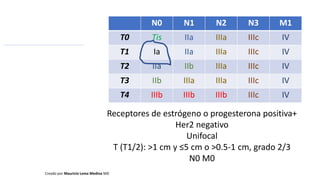 N0 N1 N2 N3 M1
T0 Tis IIa IIIa IIIc IV
T1 Ia IIa IIIa IIIc IV
T2 IIa IIb IIIa IIIc IV
T3 IIb IIIa IIIa IIIc IV
T4 IIIb IIIb IIIb IIIc IV
Receptores de estrógeno o progesterona positiva+
Her2 negativo
Unifocal
T (T1/2): >1 cm y ≤5 cm o >0.5-1 cm, grado 2/3
N0 M0
Creado por Mauricio Lema Medina MD
 
