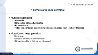 03 – Mutaciones y cáncer
• Mutación somática
• Adquirida
• Sólo en las células tumorales
• No hereditaria
• Todos los cánceres tienen mutaciones somáticas (aún los hereditarios)
• Mutación en línea germinal
• Heredada
• En todas las células del individuo
• Cáncer hereditario (5% de los cánceres)
• Somática vs línea germinal
Creado por Mauricio Lema Medina MD
 