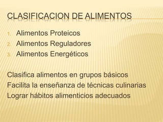 CLASIFICACION DE ALIMENTOS
1. Alimentos Proteicos
2. Alimentos Reguladores
3. Alimentos Energéticos
Clasifica alimentos en grupos básicos
Facilita la enseñanza de técnicas culinarias
Lograr hábitos alimenticios adecuados
 