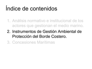Índice de contenidos

1. Análisis normativo e institucional de los
   actores que gestionan el medio marino.
2. Instrumentos de Gestión Ambiental de
   Protección del Borde Costero.
3. Concesiones Marítimas
 