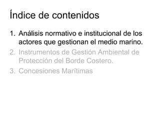 Índice de contenidos
1. Análisis normativo e institucional de los
   actores que gestionan el medio marino.
2. Instrumentos de Gestión Ambiental de
   Protección del Borde Costero.
3. Concesiones Marítimas
 