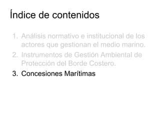 Índice de contenidos

1. Análisis normativo e institucional de los
   actores que gestionan el medio marino.
2. Instrumentos de Gestión Ambiental de
   Protección del Borde Costero.
3. Concesiones Marítimas
 