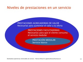 Niveles de prestaciones en un servicio



                  PRESTACIONES AGREGADORAS DE VALOR
                  Necesarias para aumentar el valor a la oferta

                                    PRESTACIONES FACILITADORAS
                                    Necesarias para que el cliente consuma
                                    el servicio medular

                                            PRESTACIÓN MEDULAR
                                            Servicio básico




Diseñando experiencias memorables de servicio - Patricio Polizzi R. (ppolizzi@visionhumana.cl)   20
 