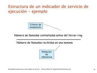 Estructura de un indicador de servicio de
ejecución - ejemplo


                                Criterio de
                                aceptación


         Número de llamadas contestadas antes del tercer ring

            Número de llamadas recibidas en una semana


                                                 Población
                                                     de
                                                 referencia




Diseñando experiencias memorables de servicio - Patricio Polizzi R. (ppolizzi@visionhumana.cl)   46
 