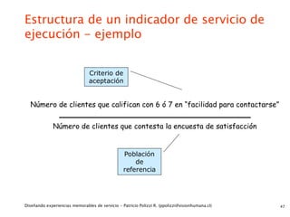 Estructura de un indicador de servicio de
ejecución - ejemplo


                                Criterio de
                                aceptación


  Número de clientes que califican con 6 ó 7 en “facilidad para contactarse”


              Número de clientes que contesta la encuesta de satisfacción


                                                 Población
                                                     de
                                                 referencia




Diseñando experiencias memorables de servicio - Patricio Polizzi R. (ppolizzi@visionhumana.cl)   47
 