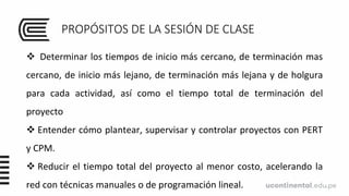 PROPÓSITOS DE LA SESIÓN DE CLASE
 Determinar los tiempos de inicio más cercano, de terminación mas
cercano, de inicio más lejano, de terminación más lejana y de holgura
para cada actividad, así como el tiempo total de terminación del
proyecto
 Entender cómo plantear, supervisar y controlar proyectos con PERT
y CPM.
 Reducir el tiempo total del proyecto al menor costo, acelerando la
red con técnicas manuales o de programación lineal.
 
