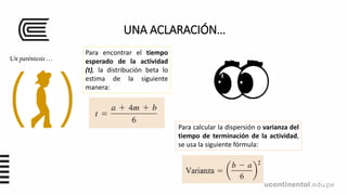 UNA ACLARACIÓN…
Un paréntesis …
Para encontrar el tiempo
esperado de la actividad
(t), la distribución beta lo
estima de la siguiente
manera:
Para calcular la dispersión o varianza del
tiempo de terminación de la actividad,
se usa la siguiente fórmula:
 