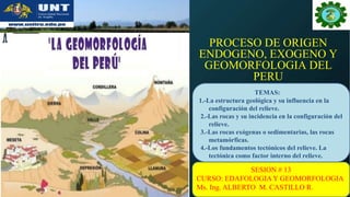 PROCESO DE ORIGEN
ENDOGENO, EXOGENO Y
GEOMORFOLOGIA DEL
PERU
SESION # 13
CURSO: EDAFOLOGIAY GEOMORFOLOGIA
Ms. Ing. ALBERTO M. CASTILLO R.
TEMAS:
1.-La estructura geológica y su influencia en la
configuración del relieve.
2.-Las rocas y su incidencia en la configuración del
relieve.
3.-Las rocas exógenas o sedimentarias, las rocas
metamórficas.
4.-Los fundamentos tectónicos del relieve. La
tectónica como factor interno del relieve.
 