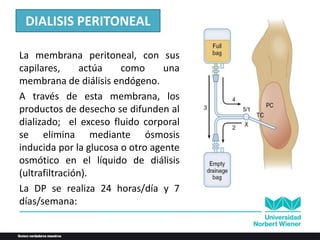 DIALISIS PERITONEAL
La membrana peritoneal, con sus
capilares, actúa como una
membrana de diálisis endógeno.
A través de esta membrana, los
productos de desecho se difunden al
dializado; el exceso fluido corporal
se elimina mediante ósmosis
inducida por la glucosa o otro agente
osmótico en el líquido de diálisis
(ultrafiltración).
La DP se realiza 24 horas/día y 7
días/semana:
 
