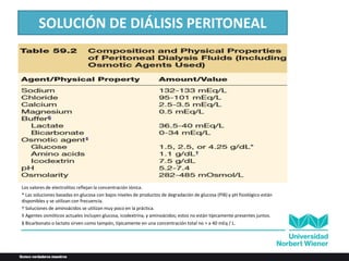 SOLUCIÓN DE DIÁLISIS PERITONEAL
Los valores de electrolitos reflejan la concentración iónica.
* Las soluciones basadas en glucosa con bajos niveles de productos de degradación de glucosa (PIB) y pH fisiológico están
disponibles y se utilizan con frecuencia.
† Soluciones de aminoácidos se utilizan muy poco en la práctica.
‡ Agentes osmóticos actuales incluyen glucosa, icodextrina, y aminoácidos; estos no están típicamente presentes juntos.
§ Bicarbonato o lactato sirven como tampón, típicamente en una concentración total no > a 40 mEq / L.
 