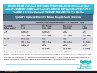 LOS REGÍMENES DE DIÁLISIS PERITONEAL TÍPICOS REQUERIDOS PARA ALCANZAR
ACLARAMIENTO DE SOLUTOS ADECUADA DE ACUERDO CON LAS CARACTERÍSTICAS DE
TAMAÑO Y DE MEMBRANA DE PACIENTES EN PACIENTES CON ANURIA
El volumen total de fluido de dializado requerido aumenta con el tamaño del cuerpo, utilizando intercambio de 2.5- 3.0 L.
A medida que aumenta el transporte de solutos, el uso de la diálisis peritoneal automatizada (APD) con los intercambios cortos en la noche es mejor que CAPD
Tanto CAPD y APD pueden tener que ser aumentada con un intercambio adicional (indicado por +); esto se da a modo de un intercambio tarde adicional en
pacientes CAPD o mediante el empleo de un dispositivo de cambio que proporciona una única intercambio adicional por la noche.
 