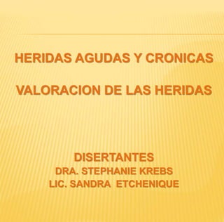 HERIDAS AGUDAS Y CRONICAS 
VALORACION DE LAS HERIDAS 
DISERTANTES 
DRA. STEPHANIE KREBS 
LIC. SANDRA ETCHENIQUE 
 