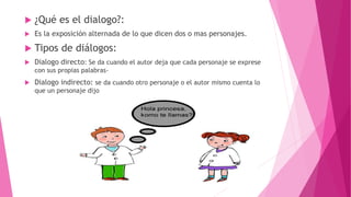  ¿Qué es el dialogo?:
 Es la exposición alternada de lo que dicen dos o mas personajes.
 Tipos de diálogos:
 Dialogo directo: Se da cuando el autor deja que cada personaje se exprese
con sus propias palabras-
 Dialogo indirecto: se da cuando otro personaje o el autor mismo cuenta lo
que un personaje dijo
 