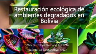 Restauración ecológica de
ambientes degradados en
Bolivia
Materia: Ecología Sistémica– ECO 214
Docente: Ing. Abraham Reyes Ayaviri
 