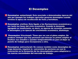El DesempleoEl Desempleo   
Desempleo estacional:Desempleo estacional: Esta asociado a determinadas épocas delEsta asociado a determinadas épocas del
año por ejemplo los trabajos agrícolas generan desempleo cuandoaño por ejemplo los trabajos agrícolas generan desempleo cuando
termina la época de recolección de fruta y hortalizas.termina la época de recolección de fruta y hortalizas.
Desempleo cíclico:Desempleo cíclico: Esta ligado a las fluctuaciones económicas yEsta ligado a las fluctuaciones económicas y
por tanto las fases del ciclo económico. Cuando la demandapor tanto las fases del ciclo económico. Cuando la demanda
agregada es insuficiente, es decir, es épocas de recesión, aumentaagregada es insuficiente, es decir, es épocas de recesión, aumenta
el desempleo y en épocas de crecimiento económico, disminuye.el desempleo y en épocas de crecimiento económico, disminuye.
Desempleo friccional:Desempleo friccional: Tiene que ver con el pleno empleo. SeTiene que ver con el pleno empleo. Se
produce siempre que hay personas que buscan su primer empleo alproduce siempre que hay personas que buscan su primer empleo al
finalizar sus estudios o quedan temporalmente en paro al dejar sufinalizar sus estudios o quedan temporalmente en paro al dejar su
puesto de trabajo para incorporarse a otro.puesto de trabajo para incorporarse a otro.
Desempleo estructural:Desempleo estructural: Se conoce también como desempleo deSe conoce también como desempleo de
larga duración, requiere la conversión de sectores así con lalarga duración, requiere la conversión de sectores así con la
renovación en la formación de los desempleados para adaptarse arenovación en la formación de los desempleados para adaptarse a
las nuevas necesidades del mercado de trabajo.las nuevas necesidades del mercado de trabajo.
 