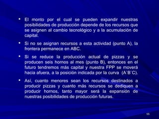 5555
 El monto por el cual se pueden expandir nuestras
posibilidades de producción depende de los recursos que
se asignen al cambio tecnológico y a la acumulación de
capital.
 Si no se asignan recursos a esta actividad (punto A), la
frontera permanece en ABC.
 Si se reduce la producción actual de pizzas y se
producen seis hornos al mes (punto B), entonces en el
futuro tendremos más capital y nuestra FPP se moverá
hacia afuera, a la posición indicada por la curva (A`B`C).
 Así, cuanto menores sean los recursos destinados a
producir pizzas y cuanto más recursos se dediquen a
producir hornos, tanto mayor será la expansión de
nuestras posibilidades de producción futuras.
 