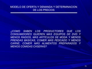 7070
MODELO DE OFERTA Y DEMANDA Y DETERMINACION
DE LOS PRECIOS
¿COMO SABEN LOS PRODUCTORES QUE LOS
CONSUMIDORES QUIEREN MAS EQUIPOS DE DVD Y
MENOS RADIOS, MÁS ARTÍCULOS DE MODA Y MENOS
PRENDAS BÁSICAS, COMER MÁS PESCADO Y MENOS
CARNE, COMER MÁS ALIMENTOS PREPARADOS Y
MENOS COMIDAS CASERAS?
 
