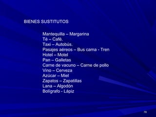 7878
BIENES SUSTITUTOS
Mantequilla – Margarina
Té – Café.
Taxi – Autobús.
Pasajes aéreos – Bus cama - Tren
Hotel – Motel
Pan – Galletas
Carne de vacuno – Carne de pollo
Vino – Cerveza
Azúcar – Miel
Zapatos – Zapatillas
Lana – Algodón
Bolígrafo - Lápiz
 